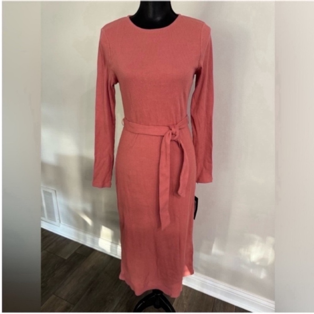 NWT Who What Wear Women’s Long Sleeve Ribbed Belted Midi Dress - Dusty Rose S